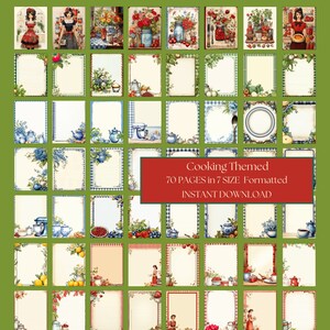 Puede incluir: Un conjunto de 70 p&aacute;ginas con tem&aacute;tica de cocina en 7 tama&ntilde;os, formateadas para descarga instant&aacute;nea. Las p&aacute;ginas presentan varios dise&ntilde;os, incluyendo ilustraciones de escenas de cocina, arreglos florales y papel rayado con bordes decorativos. La paleta de colores incluye rojo, azul y verde.