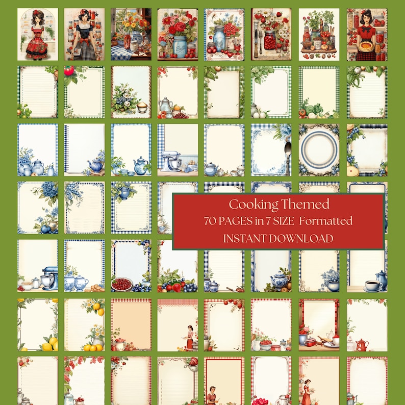 Puede incluir: Un conjunto de 70 p&aacute;ginas con tem&aacute;tica de cocina en 7 tama&ntilde;os, formateadas para descarga instant&aacute;nea. Las p&aacute;ginas presentan varios dise&ntilde;os, incluyendo ilustraciones de escenas de cocina, arreglos florales y papel rayado con bordes decorativos. La paleta de colores incluye rojo, azul y verde.
