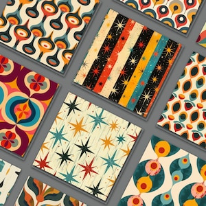 Puede incluir: Nueve patrones diferentes de estilo retro en una variedad de colores, incluyendo rojo, azul, amarillo, verde y naranja. Los patrones presentan formas geométricas, estrellas y diseños abstractos.