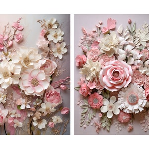 May include: Two framed floral arrangements with pink and white paper flowers. The flowers are arranged in a bouquet style and are set against a light pink background.