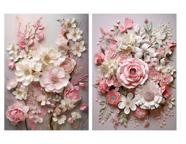 May include: Two framed floral arrangements with pink and white paper flowers. The flowers are arranged in a bouquet style and are set against a light pink background.