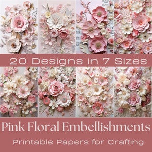 PINK FLORAL 3D EMBELLISHED |  Journaling Papers,  Boho journal, Printable Journaling Cards, Digital Download, Card Making, Ephemera, Crafts