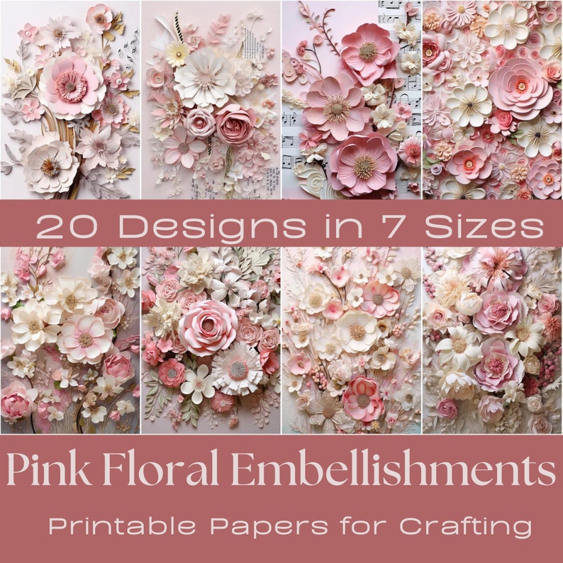 May include: 20 printable paper designs of pink and white paper flowers in 7 sizes.  Pink Floral Embellishments. Printable Papers for Crafting.
