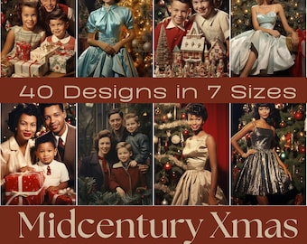 May include: A collage of images featuring mid-century Christmas scenes with people, trees, and decorations. The text "40 Designs in 7 Sizes" and "Midcentury Xmas Printable Papers for Crafting" is displayed.