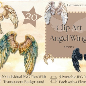ANGEL WINGS PNG Clipart |  Add-on Whimsical Angel Wings Clipart with Transparent background and Fussy Cut Printable Pages, Colorful Wings