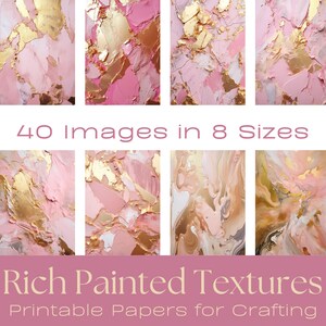 Op de afbeelding: 40 digitale papiertexturen in 8 maten. De papieren hebben een abstract ontwerp in roze en goud met een marmer- en geschilderde look. Deze printbare papieren zijn perfect voor knutselprojecten.