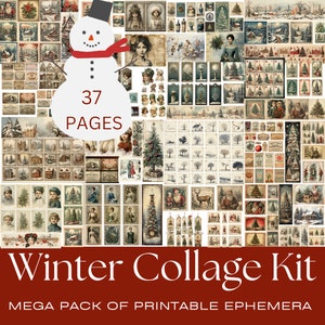 May include: A digital collage kit featuring 37 pages of vintage winter illustrations. The kit includes images of snowmen, Christmas trees, houses, and other winter scenes. The kit is perfect for creating digital scrapbook pages, cards, and other crafts.