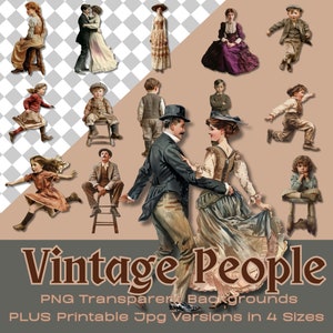 Images clipart de poupée en papier 23 GENS VINTAGE ||  Imprimables faciles à découper et PNG numériques || Clipart avec fond transparent et JPG en 4 tailles
