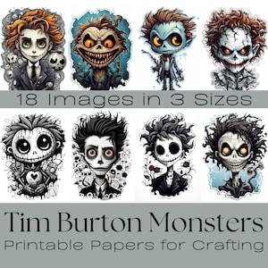 Tim Burton Style Monsters | Fussy Cut Stickers, ATC Cards,  Digital Paper, Printable Journaling Cards, Digital Download, Clip art, Ephemera