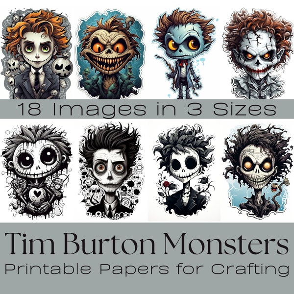 Tim Burton Style Monsters | Fussy Cut Stickers, ATC Cards,  Digital Paper, Printable Journaling Cards, Digital Download, Clip art, Ephemera