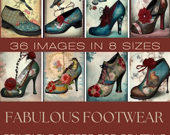 May include: A set of 36 printable digital papers featuring whimsical illustrations of shoes with floral and bird designs. The papers are available in 8 different sizes.  "Fabulous Footwear" and "Printable Papers for Crafting" are written at the bottom of the image.