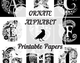 Ornate Alphabet Monogram Set | Black & White Initials (Digital Download)