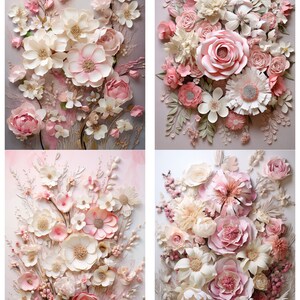 May include: Four framed floral arrangements featuring paper flowers in shades of pink and white. The flowers are arranged in a realistic style, with delicate petals and leaves.