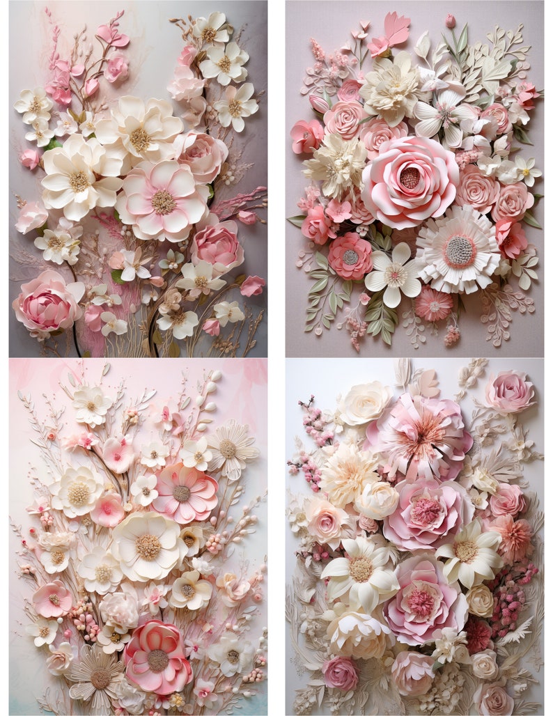 May include: Four framed floral arrangements featuring paper flowers in shades of pink and white. The flowers are arranged in a realistic style, with delicate petals and leaves.