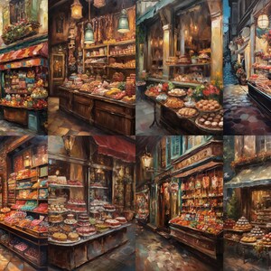 May include: A collage of eight paintings depicting various Parisian shops, each showcasing a different type of confectionery. The shops are painted in a realistic style with warm, inviting colors and intricate details. The paintings feature a variety of sweets, including chocolates, pastries, and candies.