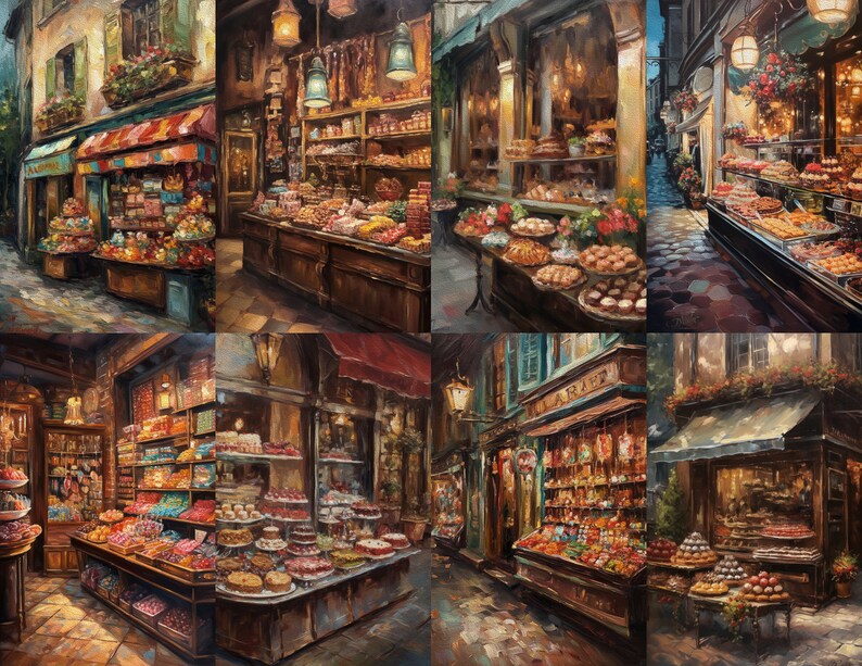 May include: A collage of eight paintings depicting various Parisian shops, each showcasing a different type of confectionery. The shops are painted in a realistic style with warm, inviting colors and intricate details. The paintings feature a variety of sweets, including chocolates, pastries, and candies.
