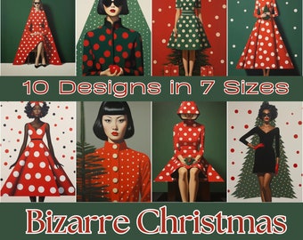 May include: A collage of 10 digital paper designs featuring women in red and green polka dot dresses with Christmas trees. The text "10 Designs in 7 Sizes" and "Bizarre Christmas Printable Papers for Crafting" is included in the image.