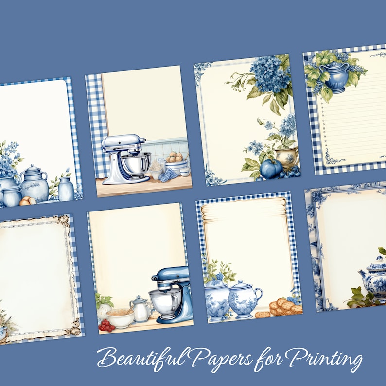 Puede incluir: Colecci&oacute;n de papeles de papeler&iacute;a con ilustraciones en acuarela. Los dise&ntilde;os incluyen patrones florales azules y blancos, escenas de cocina con batidoras de pie y bordes decorativos. El texto "Beautiful Papers for Printing" est&aacute; en la parte inferior.