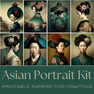 PORTRAITS ASIATIQUES, papiers de journalisation, cartes ATC, papier numérique, imprimable, cartes de journalisation, téléchargement immédiat, fabrication de cartes, éphémères, travaux manuels