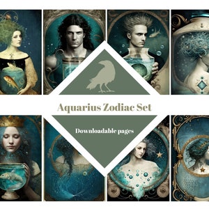 Jeu du zodiaque VERSEAU, cartes ATC, papier numérique, cartes de journalisation imprimables, téléchargement numérique, journalisation du courrier indésirable, éphémères, travaux manuels, astrologie