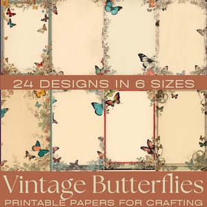 VINTAGE BUTTERFLIES |  Journaling Papers,  Digital Paper, Printable Journaling Cards, Digital Download, Card Making, Ephemera, Craft Papers