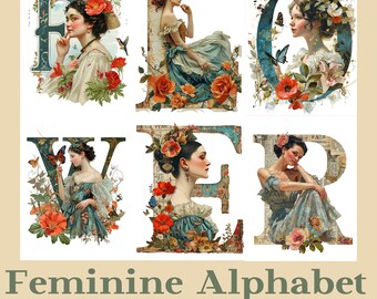 Letras monograma florales/alfabeto femenino (descarga digital)