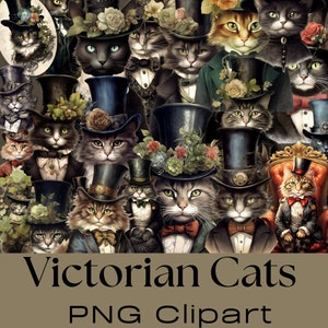 Clipart PNG de chats victoriens | Fond transparent, sublimination, Junk Journal, téléchargement numérique, éphémères de chat, clipart sur le thème de chat