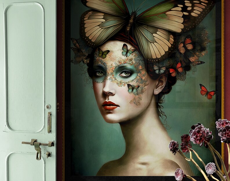 May include: A woman with a butterfly mask and butterflies in her hair. The background is a teal green color. The woman is wearing a mask with a floral design. The butterflies are in shades of green, brown, and red.