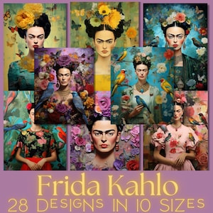 FRIDA KAHLO / 28 diversi disegni di Frida in 10 diverse dimensioni, arte murale, kit di diario spazzatura, forniture per album, carte ATC, elementi bonus