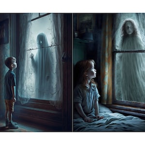 May include: A young boy and girl look out their windows at a ghostly figure in the window across from them. The ghost is a white, translucent figure with a faint smile.