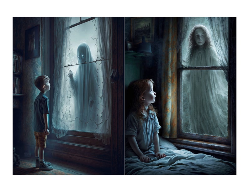 May include: A young boy and girl look out their windows at a ghostly figure in the window across from them. The ghost is a white, translucent figure with a faint smile.
