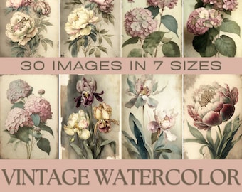 Vintage Watercolor Flowers, Printable Ephemera Papers (Digital Download)