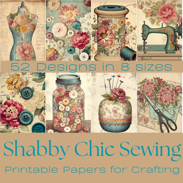 SHABBY CHIC SEWING Themed, Journaling Papers,  Digital Paper, Printable Junk Journal, Digital Download, Card Making, Ephemera, crafting