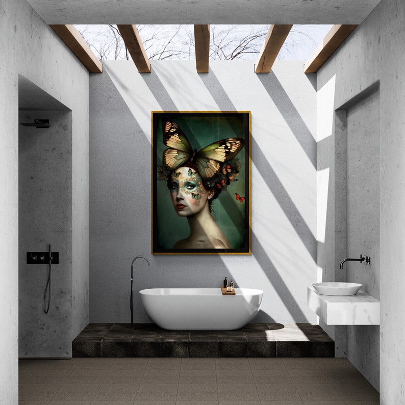 May include: A modern bathroom with a freestanding bathtub, a sink, and a framed print of a woman with a butterfly on her head. The bathroom has a concrete ceiling with wooden beams and a large window.