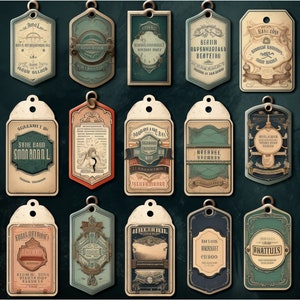 Pode incluir: Vinte etiquetas de presente de estilo vintage com bordas ornamentadas e vários designs. As etiquetas são de papel e têm um aspecto envelhecido. Algumas das etiquetas incluem texto, como "Sacaneiss", "Sahe Babo Sona Bora L", "Bertir Bapehnidiaen Derteiro", "Neerree S80megs", "Bal 1019", "Rikke Hrenset Chboo", "Bhattuls" e "Thhtan".
