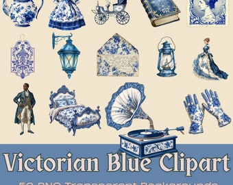 Victorian Blue Clipart | 50 PNG Images with Transparent Backgrounds (Digital Download)
