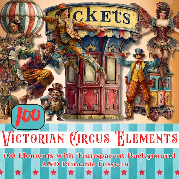 VICTORIAANSE CIRCUS VERSIERING, illustraties met transparante achtergrond, add-ons beschikbaar, Circus Collage Supplies, Circus Card Making,