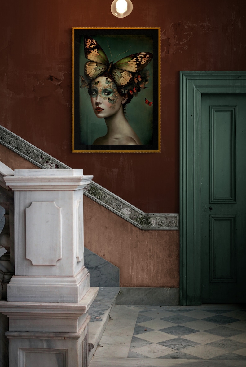 May include: A framed painting of a woman with a butterfly covering her face. The butterfly is green and yellow with brown accents. The woman is wearing a floral crown and has a light blue background.