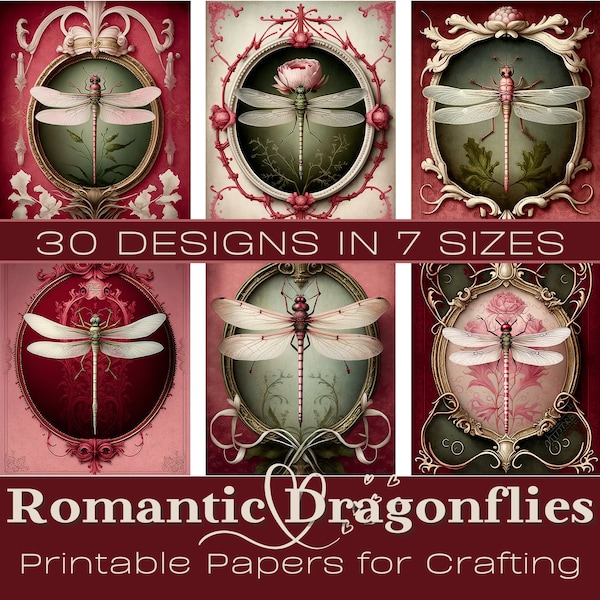 ROMANTIC WHITE DRAGONFLIES Journaling Papers,  Digital Paper, Printable Junk Journal, Digital Download, Card Making, Ephemera, stickers, atc