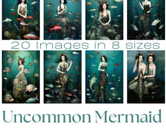 May include: A collage of digital art featuring mermaids in an underwater setting with fish and seaweed. The text "20 Images in 8 sizes" and "Uncommon Mermaid" is displayed at the top of the collage. The text "Printable Papers for Crafting" is displayed at the bottom of the collage.