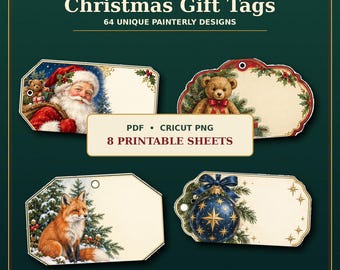 Christmas Gift Tags Printable, 64 Vintage Tags, Cricut Print Then Cut PNG, 8 Page PDF, Victorian Santa Gift Tag Bundle