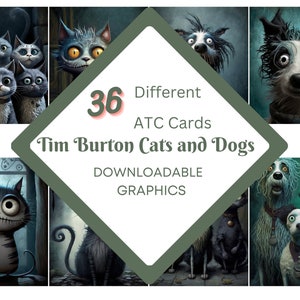 Chats et chiens de style TIM BURTON | Papiers de journalisation, Cartes ATC, Papier numérique, Cartes de journalisation imprimables, Téléchargement numérique, Cartes, travaux manuels