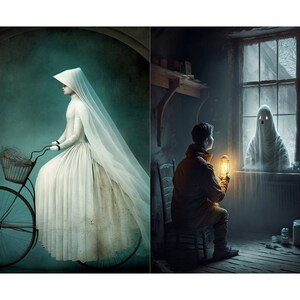 May include: A woman in a white dress and veil rides a bicycle with a basket filled with twigs. In the other image, a person in a yellow jacket holds a lantern and looks at a ghost in a window.