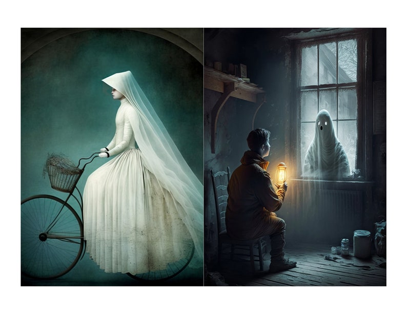 May include: A woman in a white dress and veil rides a bicycle with a basket filled with twigs. In the other image, a person in a yellow jacket holds a lantern and looks at a ghost in a window.