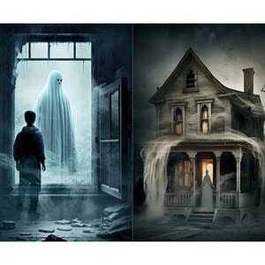May include: A young boy stands in a doorway looking at a white ghost figure in the distance. The ghost is translucent and appears to be floating. The room is dark and dusty, with papers scattered on the floor. The second image shows a dilapidated house with a ghost figure standing on the porch. The house is covered in cobwebs and the windows are boarded up.