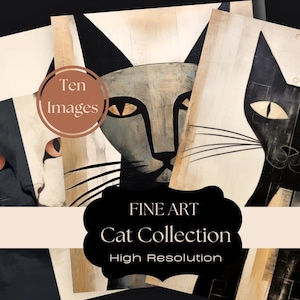 May include: A digital collage of ten high-resolution images featuring stylized black and white cat portraits. The text "FINE ART Cat Collection High Resolution" is displayed on a black label.