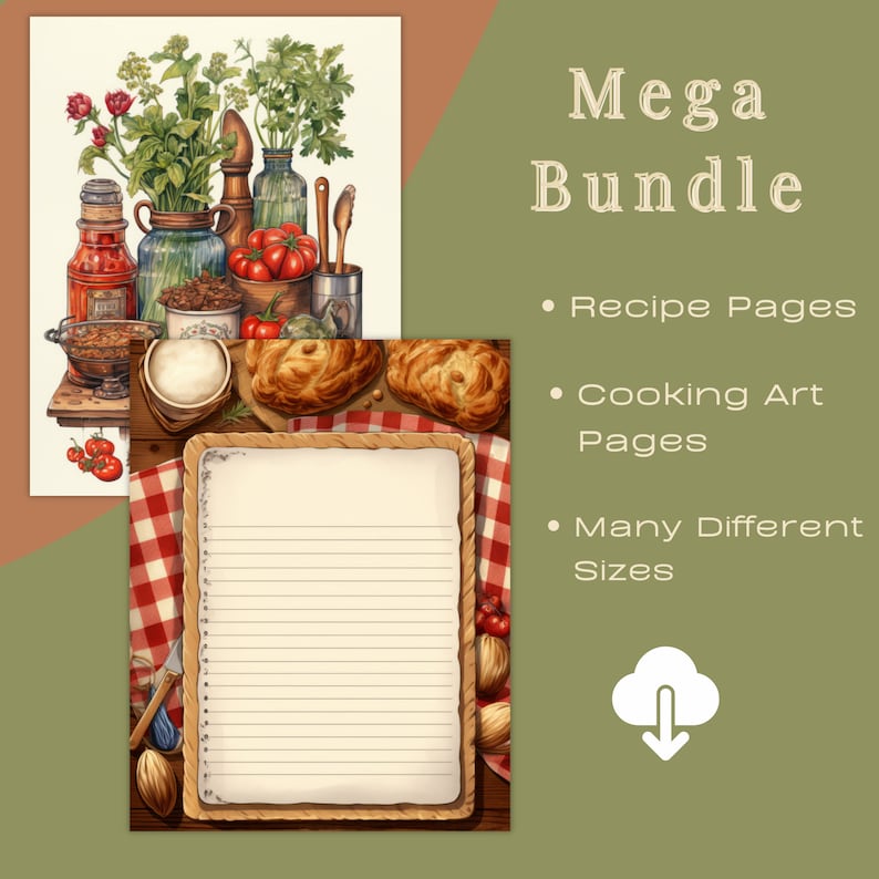 Puede incluir: Impresi&oacute;n art&iacute;stica digital que presenta una p&aacute;gina de recetas con un borde de cuerda, rodeada de un pa&ntilde;o a cuadros rojo y blanco, pan, tomates e ingredientes de cocina. Tambi&eacute;n se ve el texto "Mega Bundle" y vi&ntilde;etas.