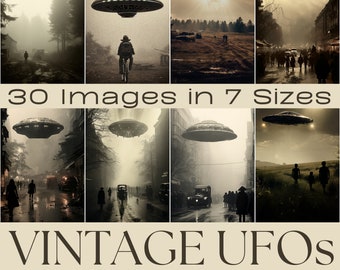 May include: A collage of 30 vintage UFO images in 7 different sizes. The images are in a sepia tone and feature flying saucers over various scenes, including a foggy forest, a city street, and a rural field. The text "30 Images in 7 Sizes" and "Vintage UFOs Printable Papers for Crafting" is displayed at the top and bottom of the collage.