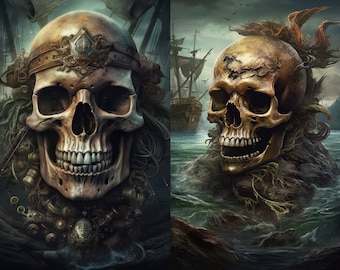 May include: Two detailed skull sculptures, one with a crown and the other with a seaweed-like growth, set against a dark, stormy seascape.