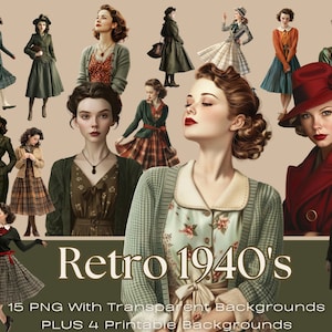 Imágenes prediseñadas PNG de muñecas RETRO de los años 40 // Imágenes imprimibles y arte digital de los años 40 para collages // Imágenes prediseñadas con transparencia // Fondos ADICIONALES
